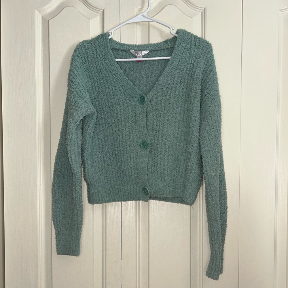 No Boundaries Cropped Button Up Teal Sweater